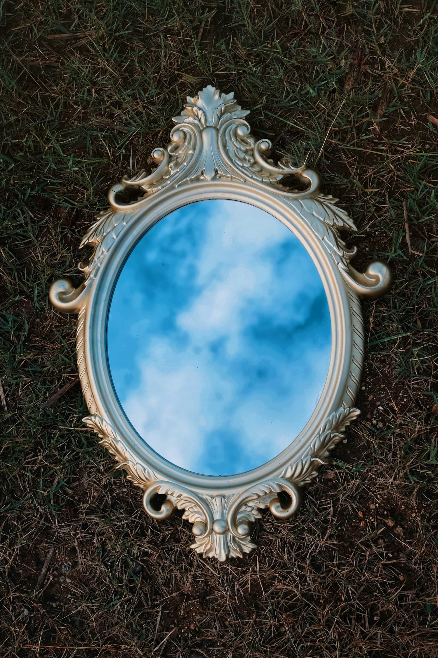 An oval mirror with an ornate frame lies in the grass, reflecting a blue sky.